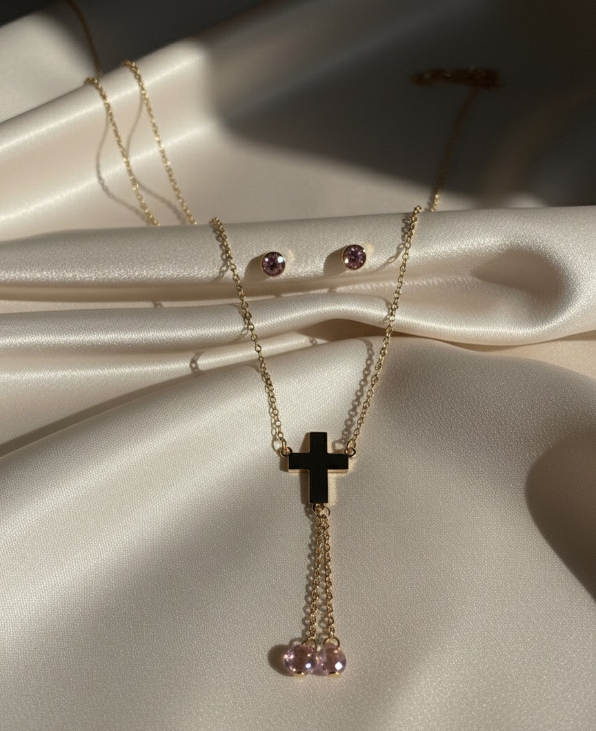 Cross necklace with earrings ( pink)