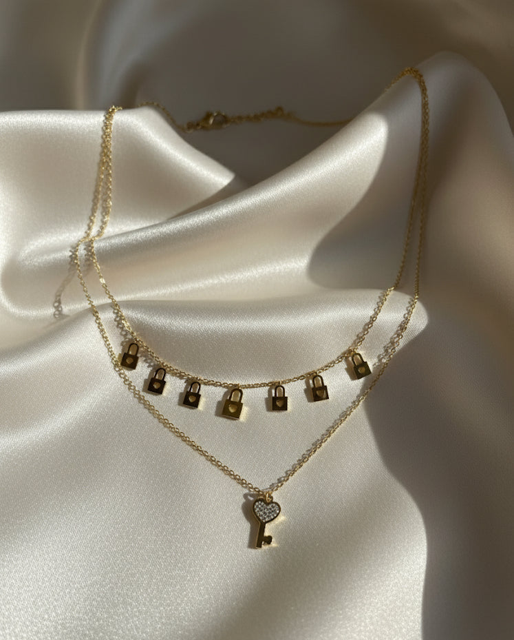 Lock and key double layer gold plated necklace