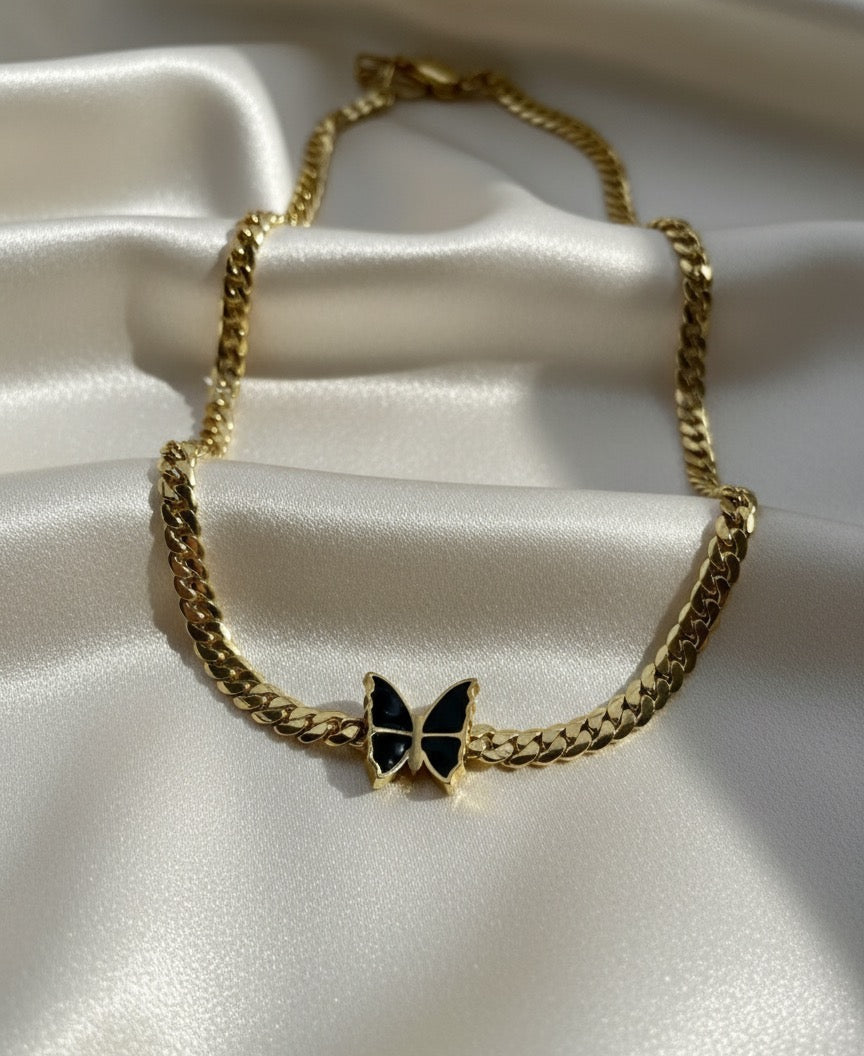 Black butterfly solid chain gold plated necklace