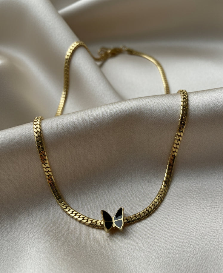 Black butterfly solid chain gold plated necklace