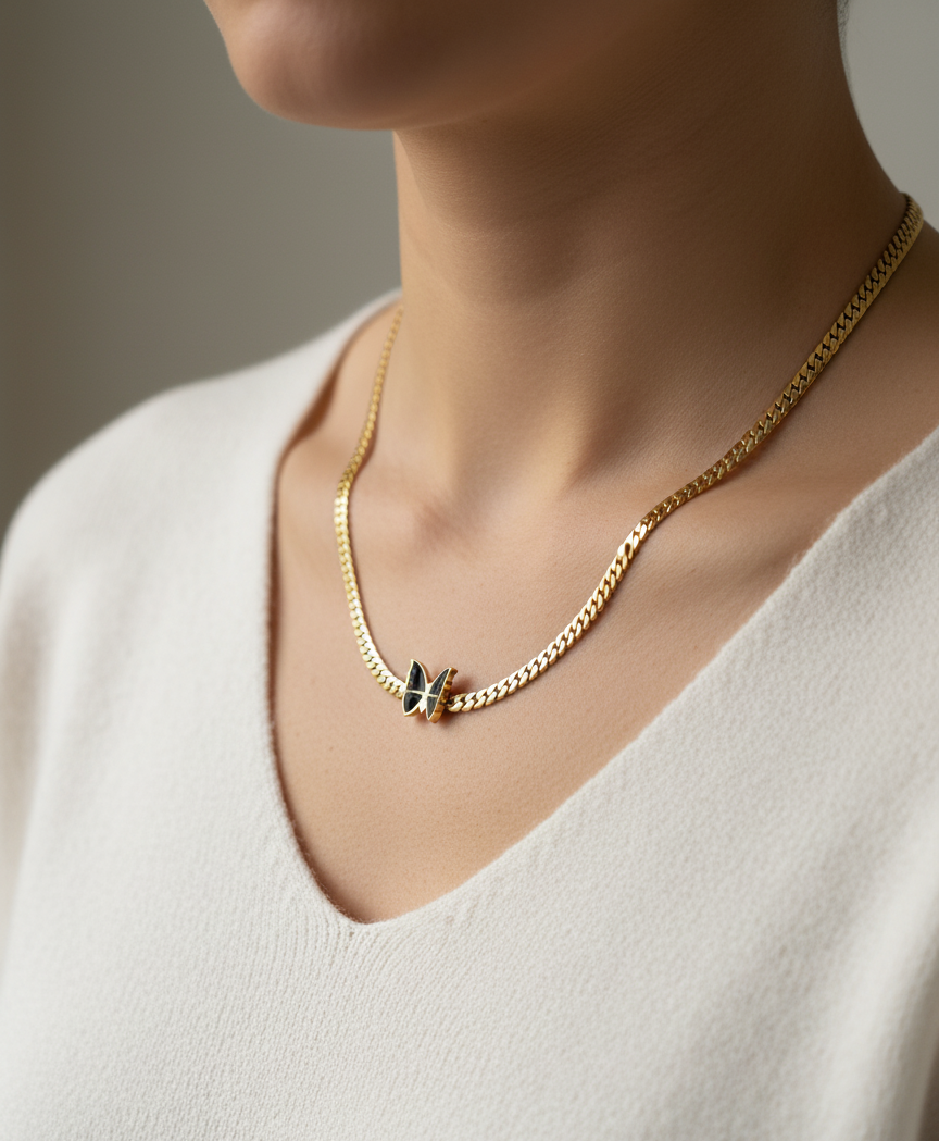 Black butterfly solid chain gold plated necklace